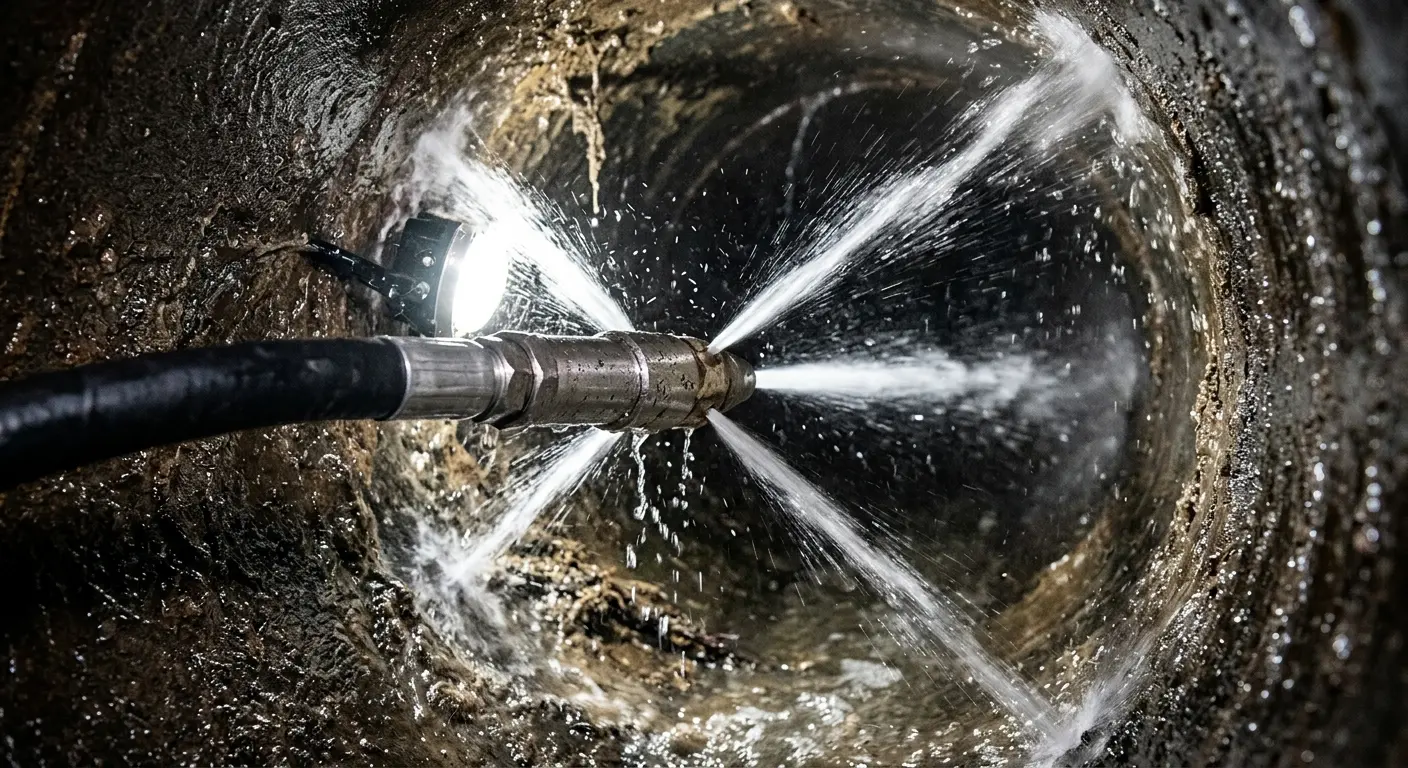 High-pressure hydro jetting nozzle cleaning sewer pipe for Trenchless Sewer Repair in Sedalia